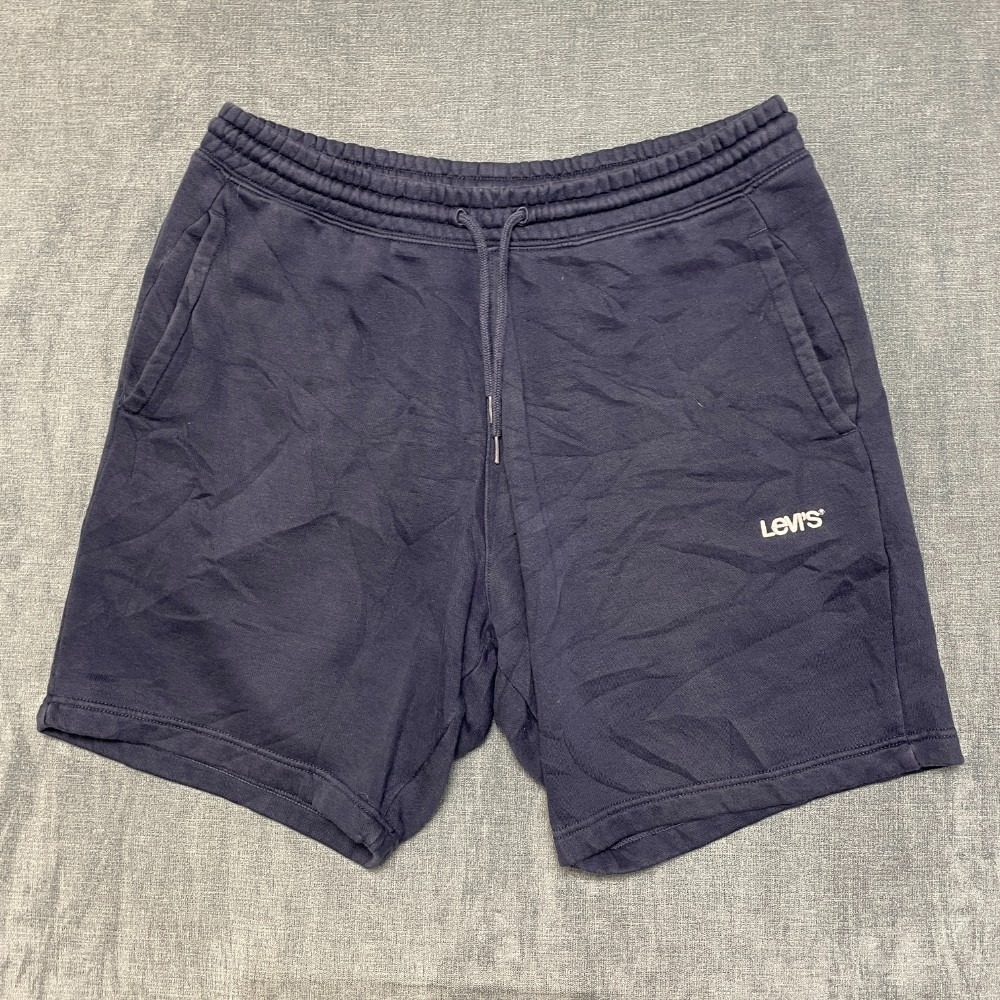 Levi's Sweat Shorts Mens Medium Navy Blue Logo Fleece Lined Flat Front Mid Rise